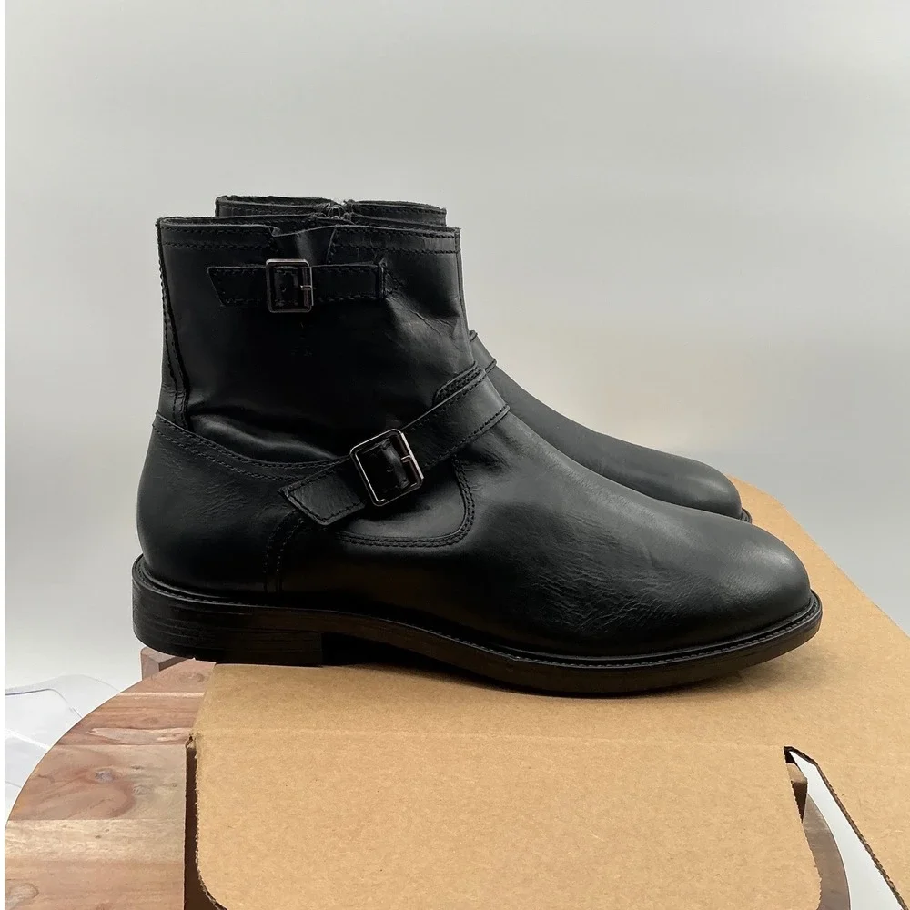 Steve Madden Mens Black Leather Harness Ankle Boots Side Zip Buckle Detail